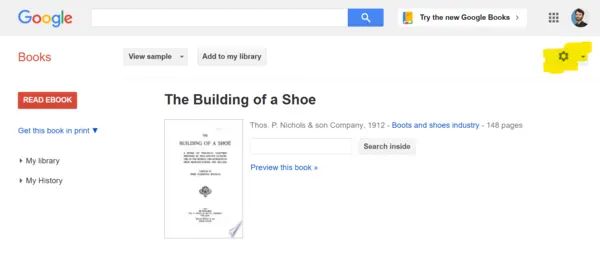 screenshot of a Google Books book page with the gear icon button highlighted