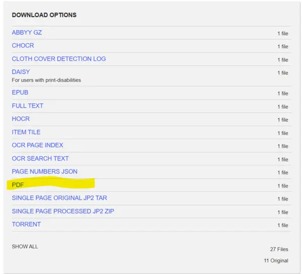 screenshot of the "Download Options" section of an Internet Archive book page
