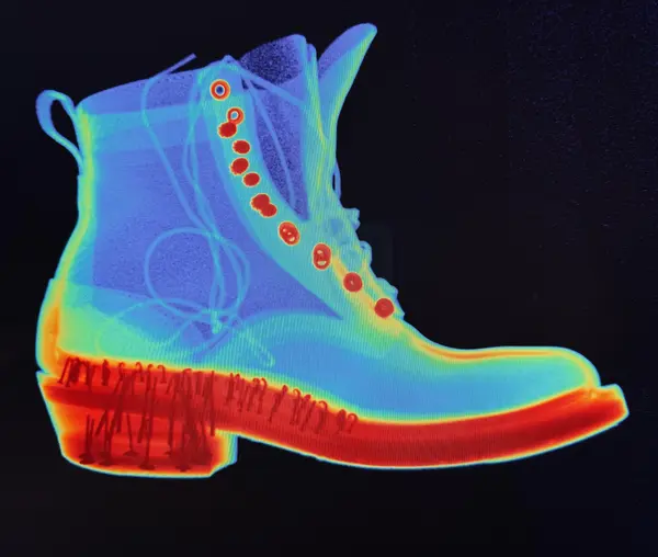colorized x-ray of Nicks boot showing clinching nails through the heel seat and shank